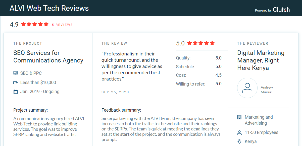 Client Review on ALVI Web Tech Clutch Profile